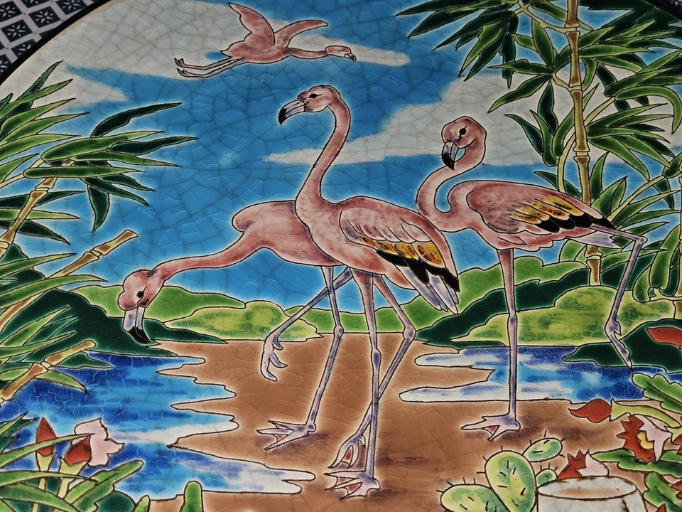 Ancien GRAND PLAT EN EMAUX DE LONGWY Flamands Roses 36 cm - Photo 3/4