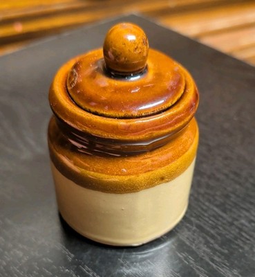 Small Lidded Crock - 2 Tone Brown + Tan - Jar w/ Lid Ceramic Pottery Sugar Crock