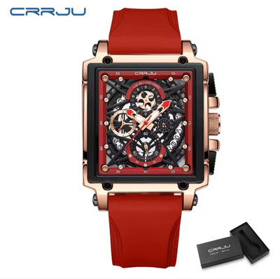 CRRJU Men's Square Skeleton Chronograph Watch Silicone Strap Luxury Sport