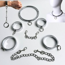 Metal Neck Collar Handcuffs Ankle Cuffs Restraint Bondage Detachable Chain BDSM