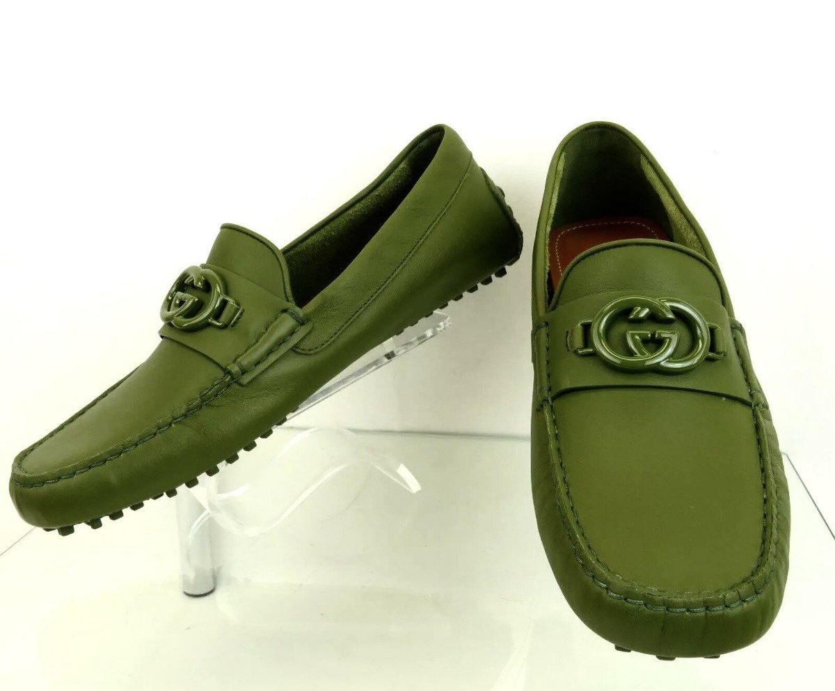 GUCCI MENS LOAFERS MOCCASINS G LOGO GREEN LEATHER $935 Size 