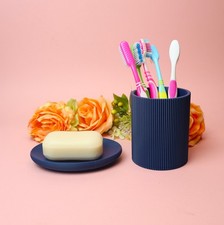 Bathroom Toothbrush Holder & Soap Dish In Navy Blue With Ribbed Texture 