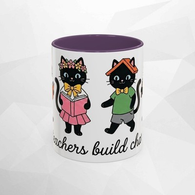 Teachers Build Character Mug | Black Cat Teacher Illustration