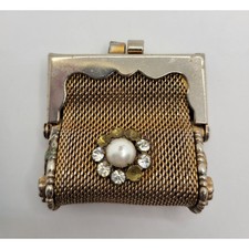 Vintage Mini Mesh Coin Purse Rhinestone Faux Pearl Flower Goldtone READ