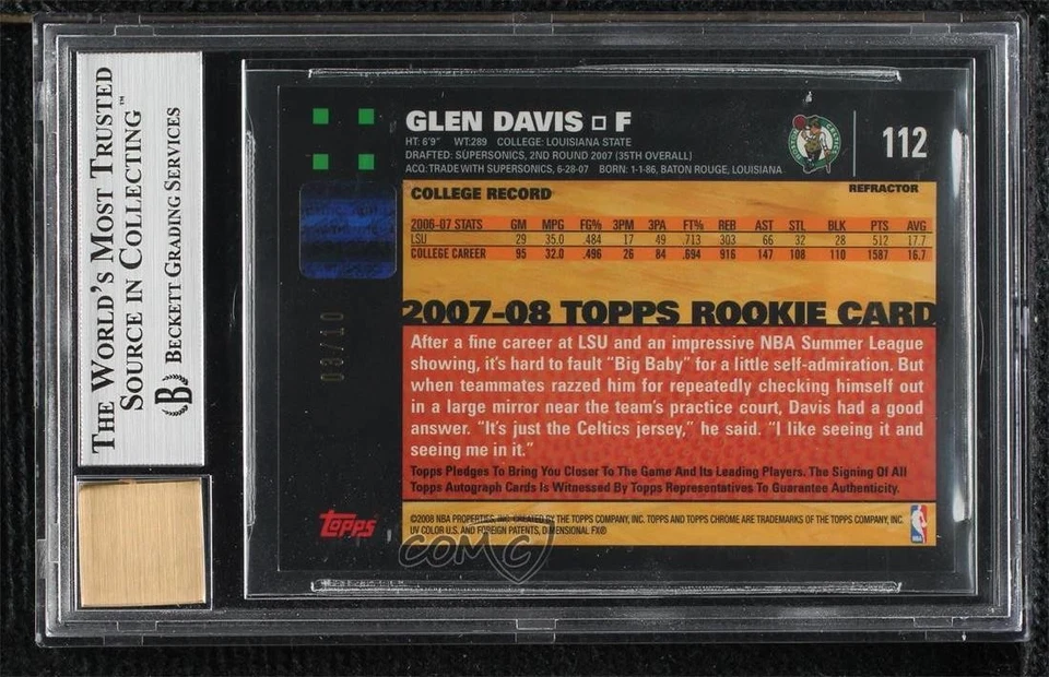 2007-08 Topps Chrome White Refractor Rookie /10 Glen Davis #112 BGS 8.5 Auto RC - Image 2 of 2