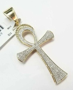 Authentic 2.00Ct Round Cut Moissanite Ankh Cross Pendant 14K Yellow Gold Plated Silver