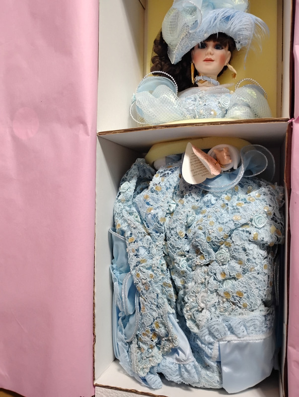 Maryse Nicole 20in Porcelain Girl Doll Brown Hair Blue Lace Dress Bonnet NIB