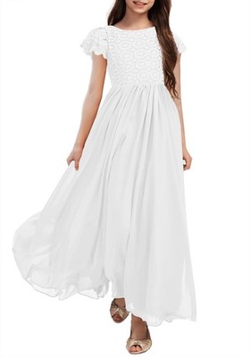 HOSIKA Girls White Dress Flower Lace Chiffon Flutter Sleeves A-Line 10 YEARS