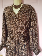 INFLUENCE Faux Wrap Midi Dress Leopard Animal Print Sheer Puff Sleeve Size UK 20