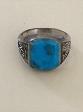 VINTAGE NAVAJO TURQUOISE STERLING SILVER RING ENGRAVING BOTH SIDES SIZE 5 