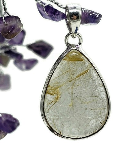 Golden Rutile Pendant, Rutilated Quartz, Sterling Silver, Pear Shaped, 34 Carats - Picture 3 of 8