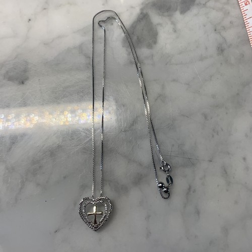 Gold Cross In Double Heart Pendant Necklace Diamond Accent Adjustable Chain 925 - Picture 2 of 5