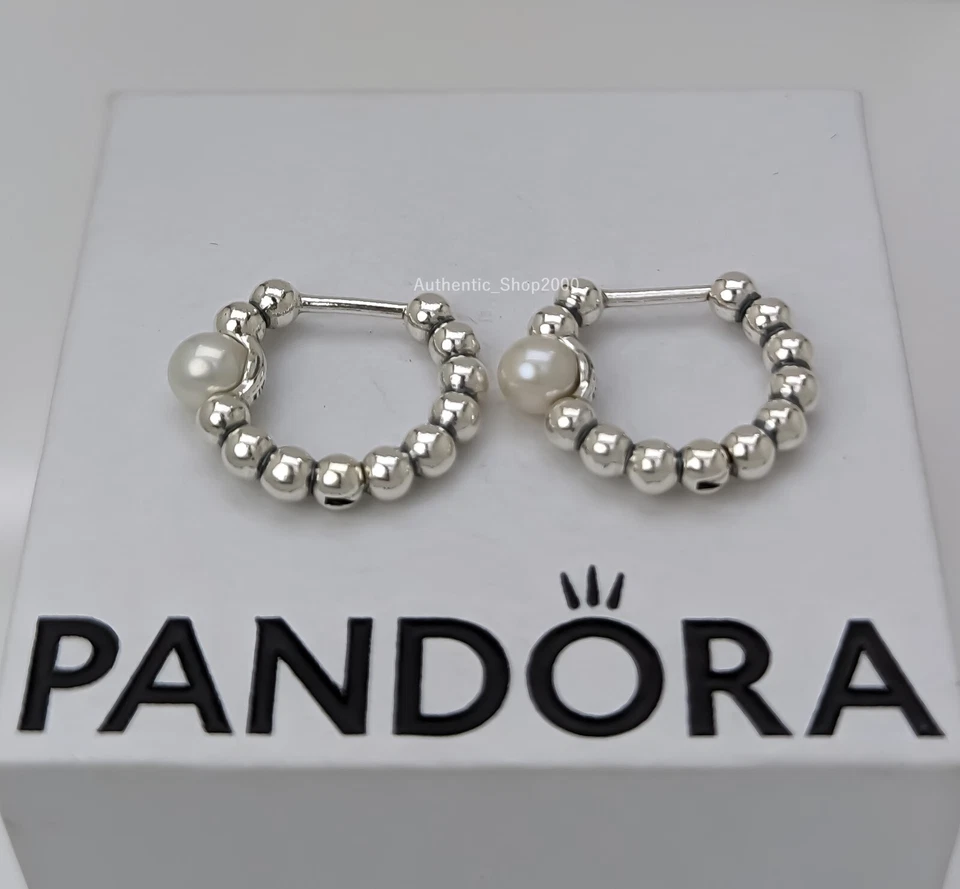 NEW 100% Authentic PANDORA 925 Cultured Pearl & Beads Hoop Earrings 293178C01 - Image 2 of 4