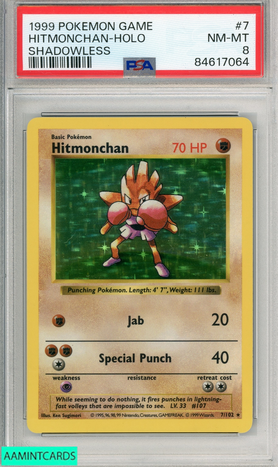 1999 POKEMON GAME HITMONCHAN-HOLO #7 SHADOWLESS PSA 8 NM-MT