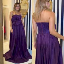 Satin Handmade Flower Draped Sequined A-line Strapless Bespoke Gown Long Dresses