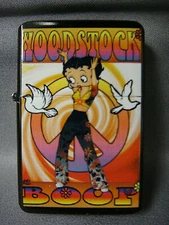 BETTY BOOP FLIP TOP OIL LIGHTER BLACK WOODSTOCK REFILLABLE DOVES CLOSEOUT
