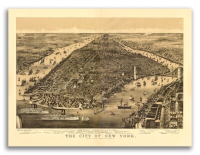 1889 New York City, New York Vintage Old Panoramic NY City Map - 18x24