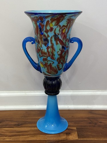 Vintage große hellblaue Glasvase mit Doppelhenkeln Murano?