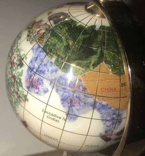 Mini Semi-precious Stone Rotating World Map Silver Plated Stand-Desktop 5 1/2”T - Picture 5 of 12
