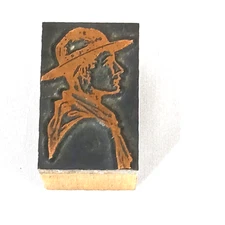 Printing Block Cowboy or Scout Man Boy Portrait Wood and copper metal 3/4 x 1.25