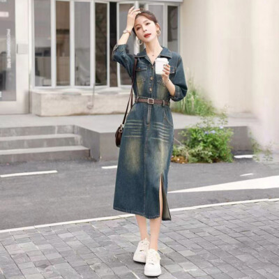 Fashion Women Denim Midi Belt Dress Elegant Office Button