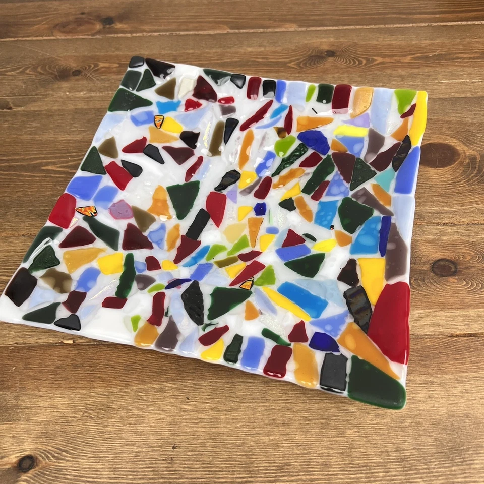 马赛克熔融艺术玻璃装饰多色二色方形托盘 — 第 2/4 张图片
