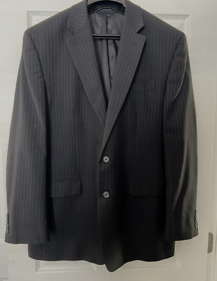 Chaps Men 44L Black Blazer 100% Wool 2 Button Pinstripe Suit Jacket Sport Coat