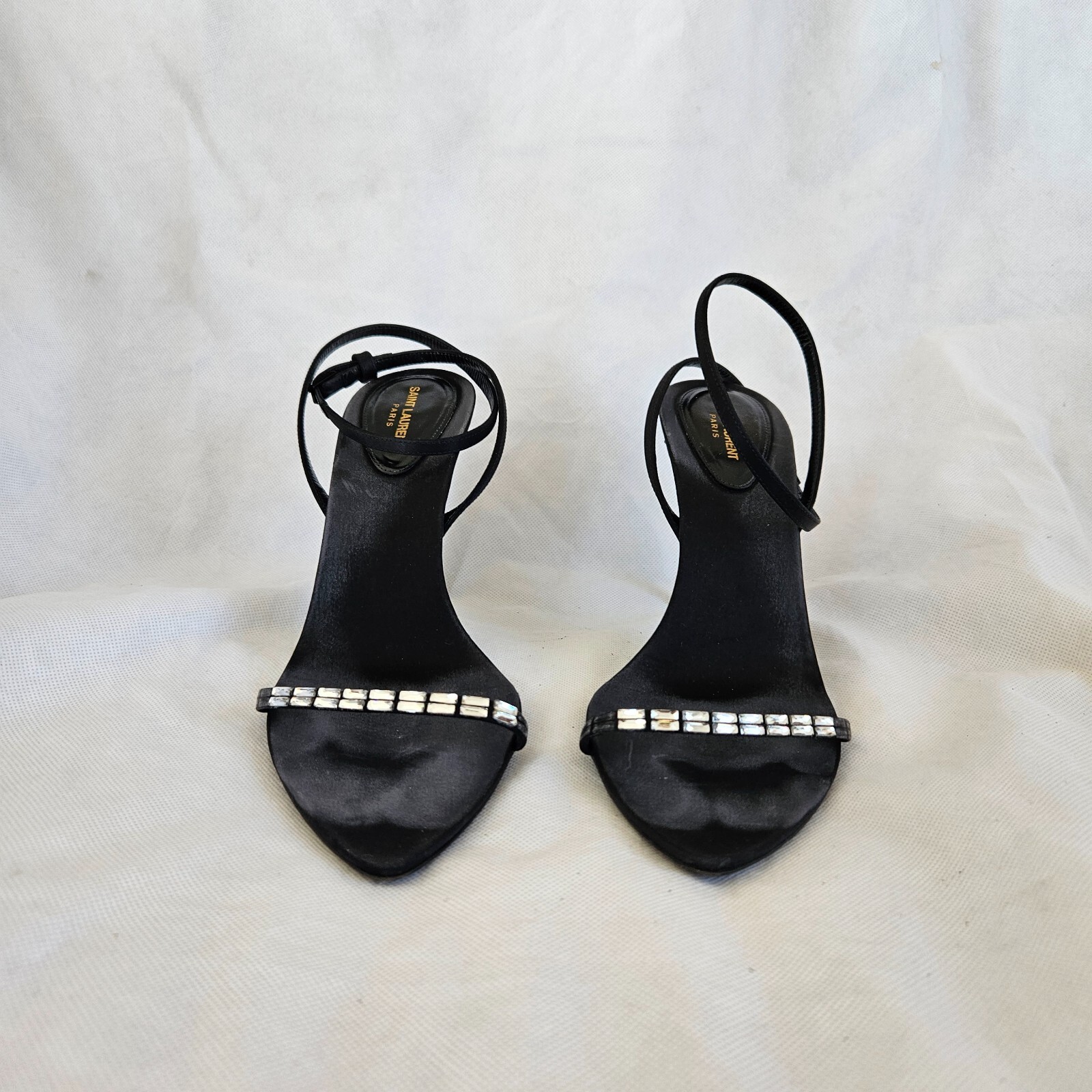 Saint Laurent black satin crystal-embellished pointed toe heels