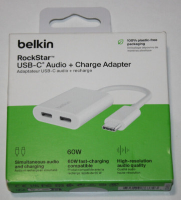 Belkin RockStar USB-C to USB-C Audio Adapter White (F7U081btWH) NEW Charger 60w