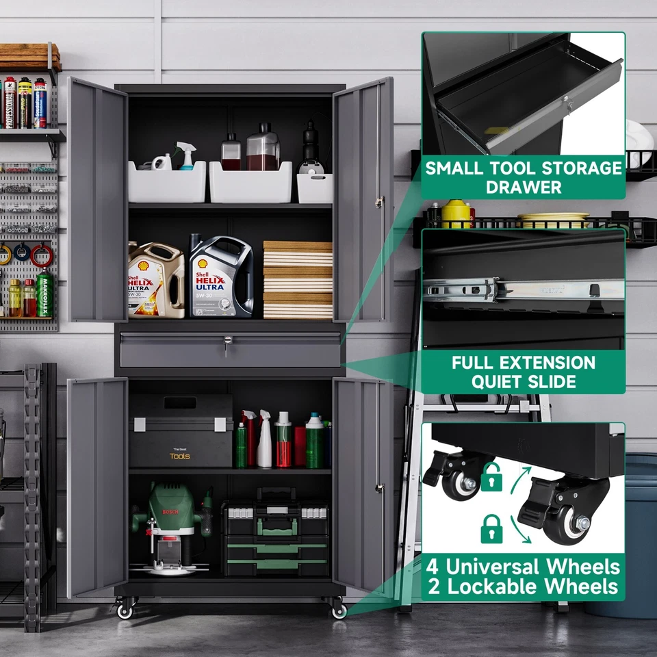 Armario de almacenamiento de metal con 4 puertas y cajón, armario de garaje enrollable con ruedas Foto 2 de 4