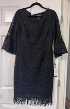 NWT ~ Adrianna Papell ~ Julia Fringe Lace ~ Black Dress ~ 3/4 Bell Sleeve ~ Sz 8