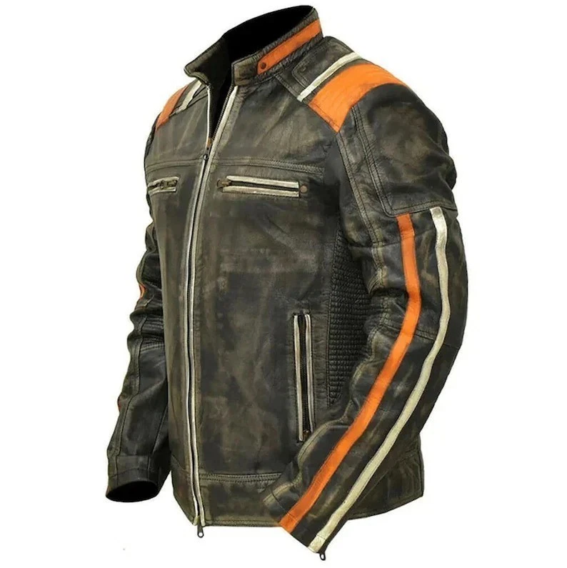 Vintage Retro Cafe Racer Striped Distressed Black Jacket Mens - Image 3 of 4