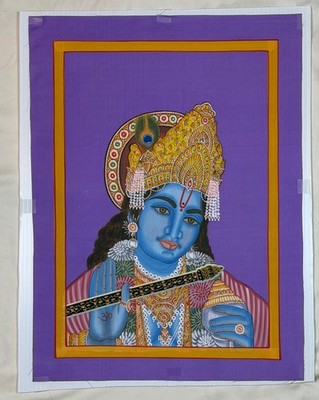 Hand-Painted Lord Krishna Silk Painting | Shankh & Flute | Traditional Hindu 