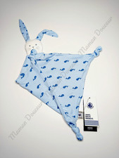 Doudou Plat Lapin Blanc Gris Bleu Baleines /Poissons Attache Tétine Petit Bateau
