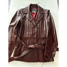 260-VTG 70s Cosa Nova Burgundy Leather Belted Coat Jacket Size 10 18 P2P Oxblood