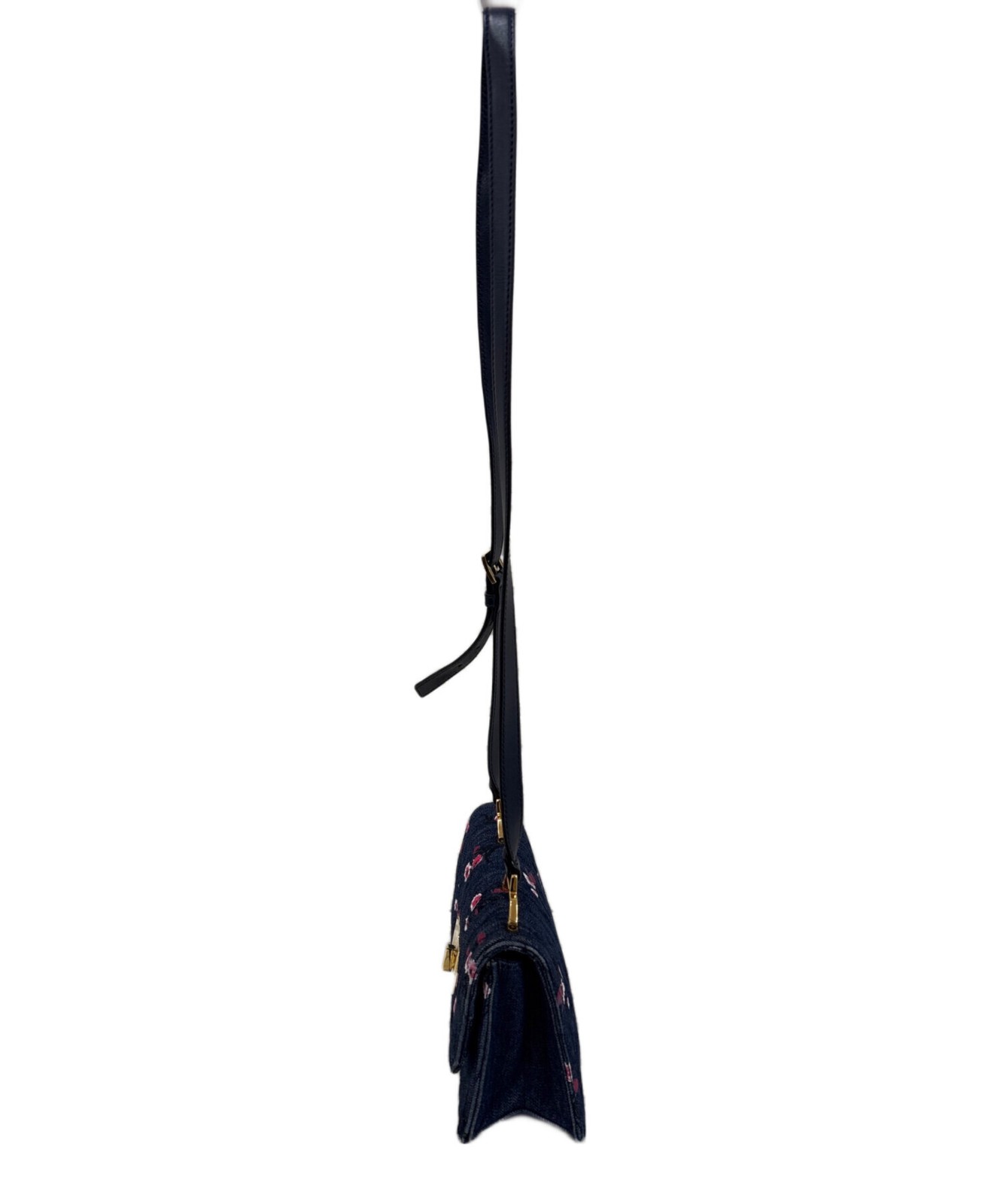 Miu Miu Floral Denim Shoulder Bag Indigo Leather Strap Gold Auth image 5