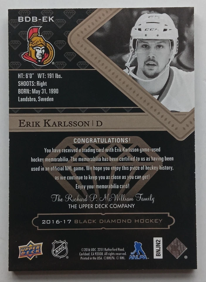 2016-17 Black Diamond Pure Black Prime Relics Erik Karlsson /35 Sens Pens - Image 2 of 2