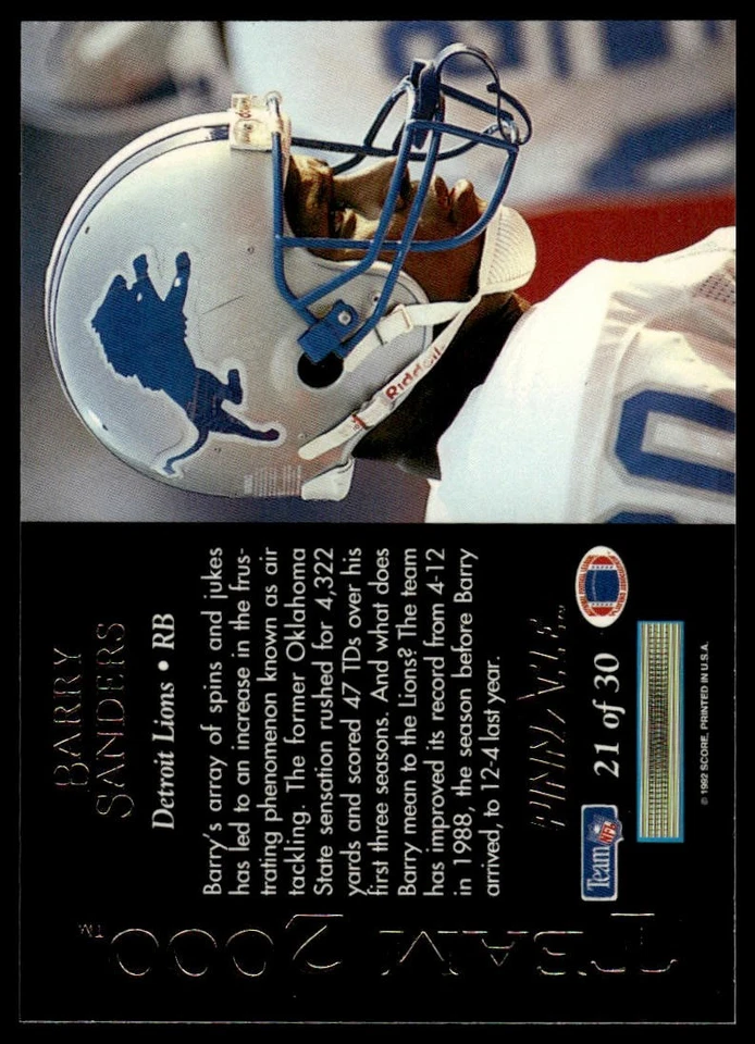 1992 Pinnacle #21 Barry Sanders Team 2000 - Image 2 of 2