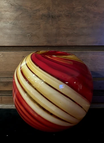 Vintage Large Murano Red & Gold Art Glass Swirl Orb Vase w Sticker 7.5" T x 8" W
