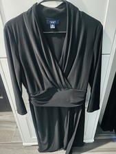 Chaps Black Solid Knit Ruched A-Line V-Neck Long Sleeve Stretch Dress L