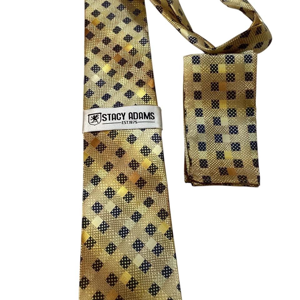 STACY ADAMS Men's Necktie & Pocket Square Set Designer Geometric Yellow/Blue NWT - Image 4 of 4