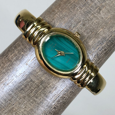 Vtg Oscar de la Renta Women Malachite Dial Gold Tone Bangle Quartz 22mm Watch 6''