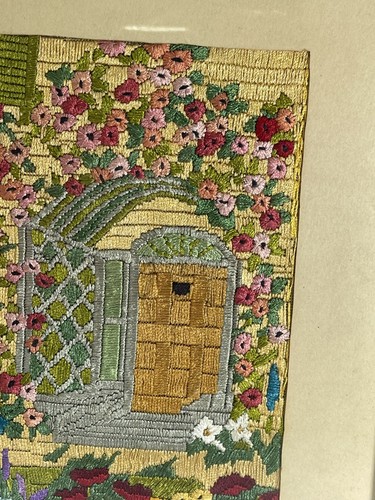 Vintage Finished Crewel Embroidery Cottage Door Gate Floral Framed 15”x12” - Picture 4 of 10