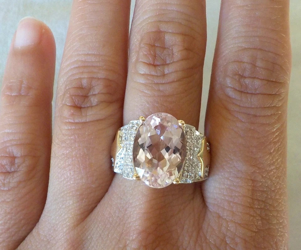 Deslumbrante anillo Ransey de diamantes de morganita de oro amarillo de 14 quilates - 8,43 gms, talla 8, 4,60 quilates Foto 3 de 4