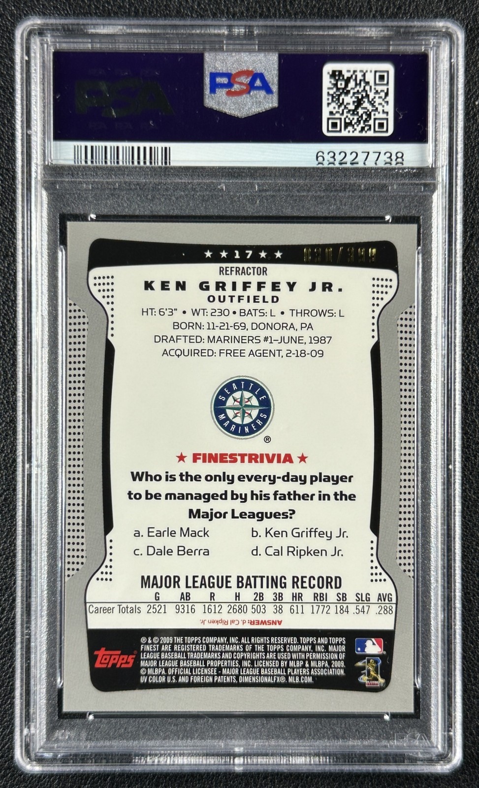KEN GRIFFEY JR. PSA 10 2009 TOPPS FINEST #17 BLUE REFRACTOR 30/399 WHITE SOX view 2