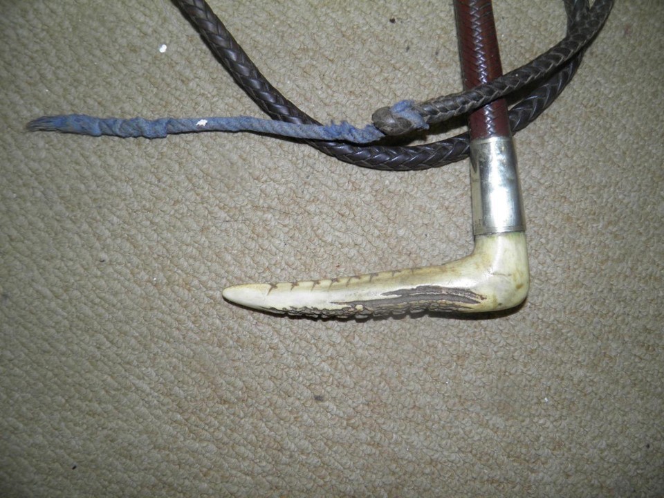 Vintage Ladies Plaited Leather Hunting Whip Silver Collar Lash By