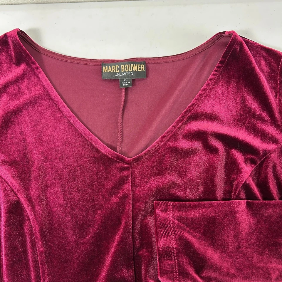 Marc Bouwer Unlimited Dress Size XL Burgundly Velvet Velour Long Sleeves V Neck - Image 4 of 4