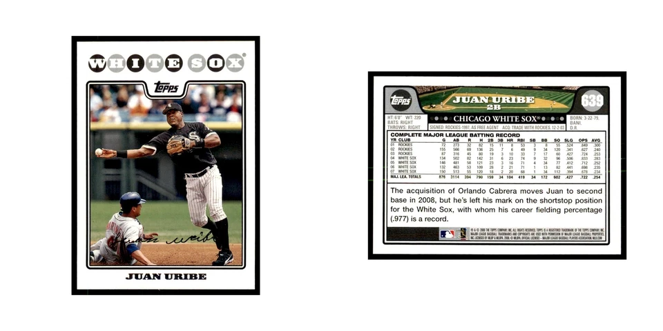 Juan Uribe 2008 Topps #639 Baseball Cards Baseball Card NM - Image 3 of 3