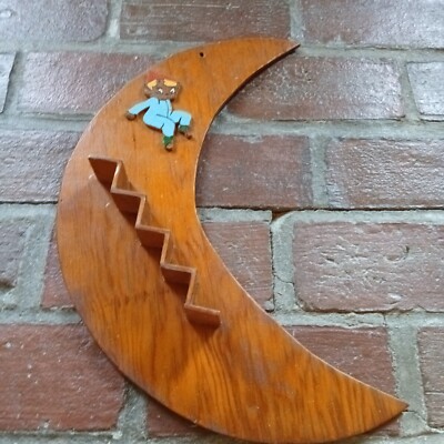 Vtg MCM Folk Art Wooden Crescent Moon /Pixie Elf Curio Shelf Knick Knack Stairs 