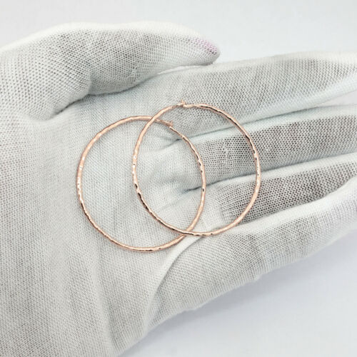 Solid 14K Rose Gold Hoop Earrings Hammered 1.6" Faceted, 4.6 grams - Picture 1 of 8